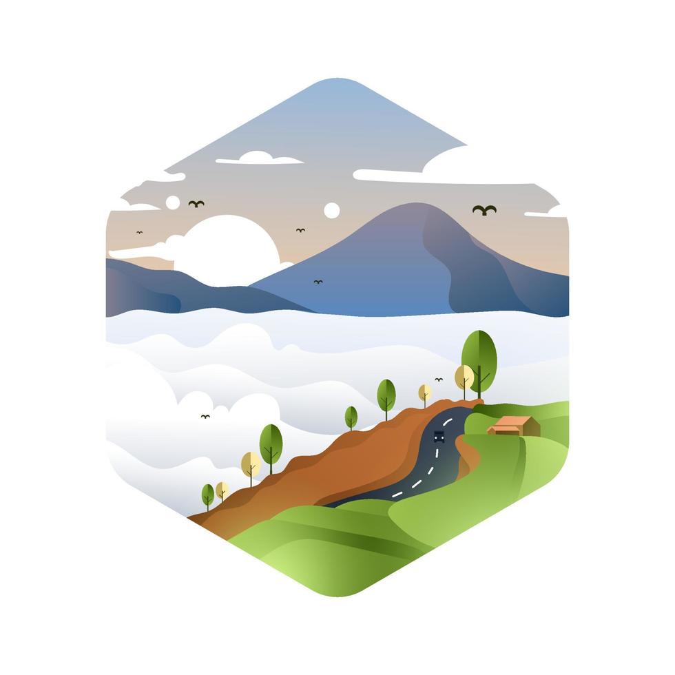 vettore illustrazione di un' bellissimo buio blu montagna paesaggio, alberi, soleggiato nuvole, piantagioni, veicoli.