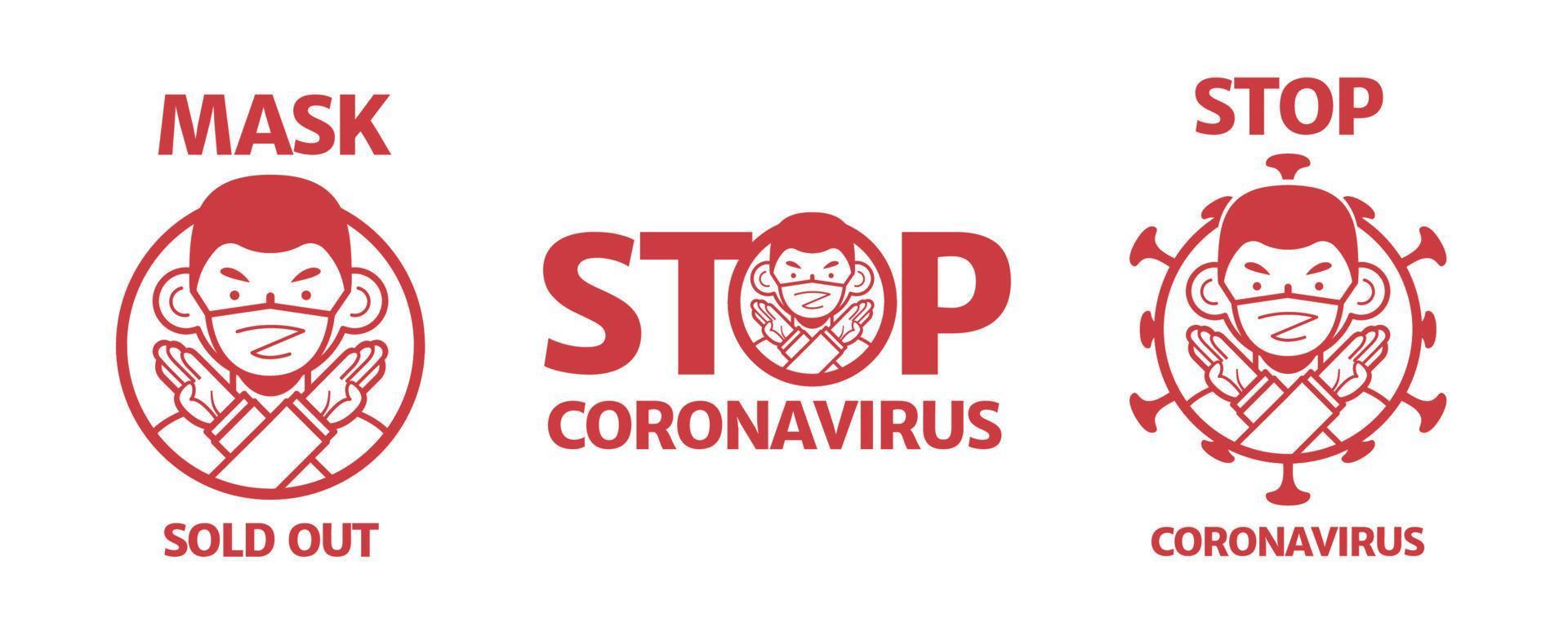 fermare coronavirus e maschera venduto su icona, un' uomo indossare viso maschera e fabbricazione no mano cartello vettore