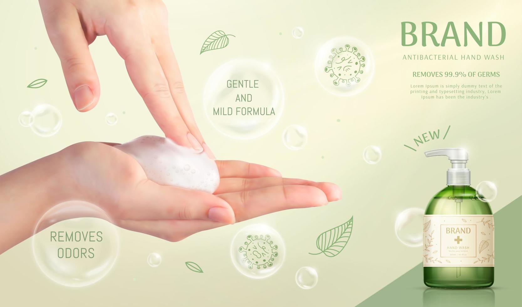 3d illustrazione di mano lavare anno Domini modello, cremoso schiuma tenuto di mani, decorato con bolle, cartone animato germi e realistico bottiglia modello vettore