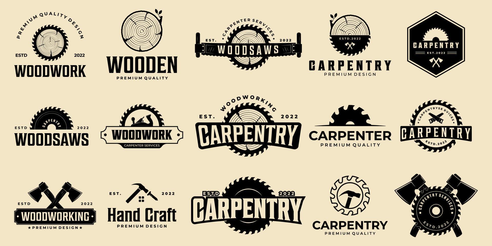 impostato di Vintage ▾ carpenteria vettore logo design illustrazione, legno lavori etichetta