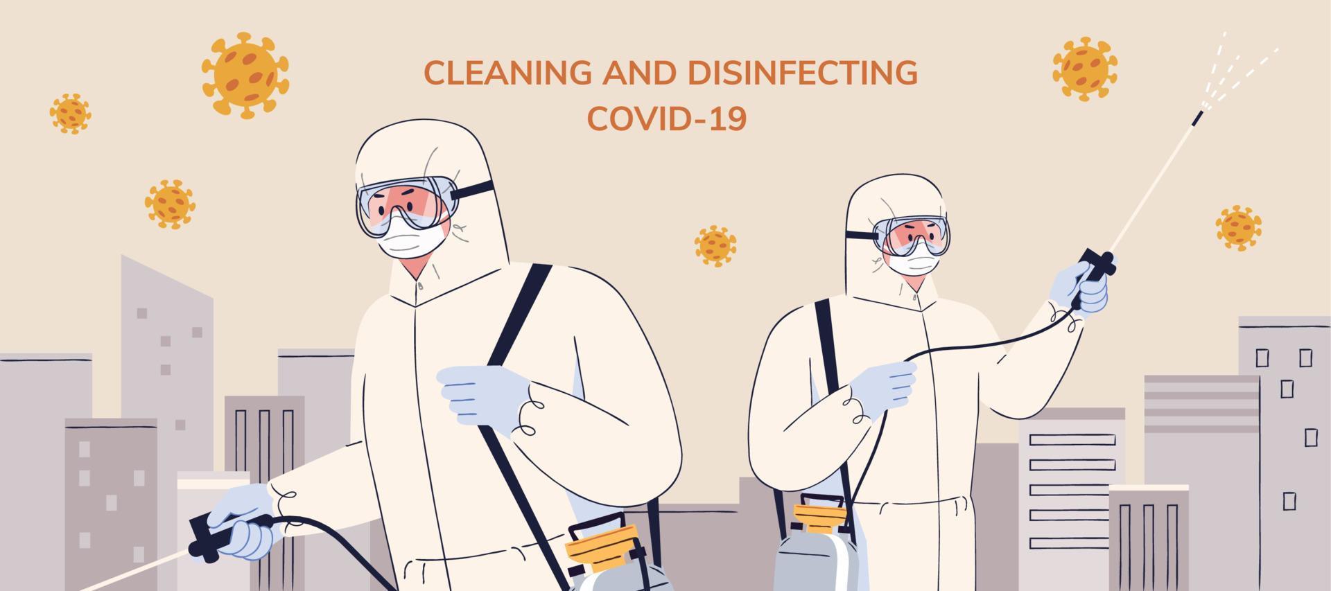 Due persone con occhiali e Hazmat tute accuratamente disinfezione il città strade per evitare Comunità diffusione durante covid-19 focolai, nel piatto design vettore