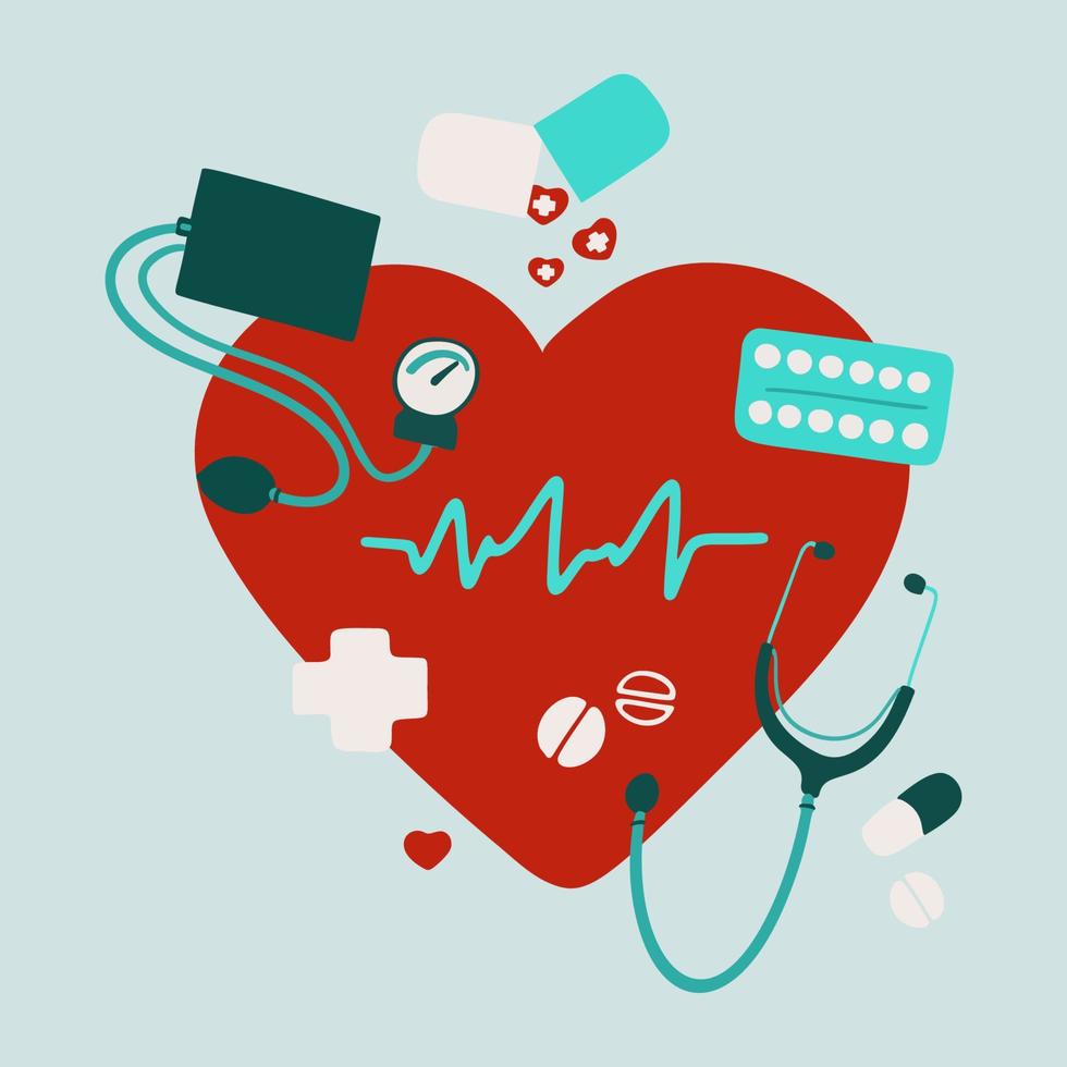 mondo ipertensione giorno illustrazione illustrazione con cuore simbolo con cuore battere e pillole vettore