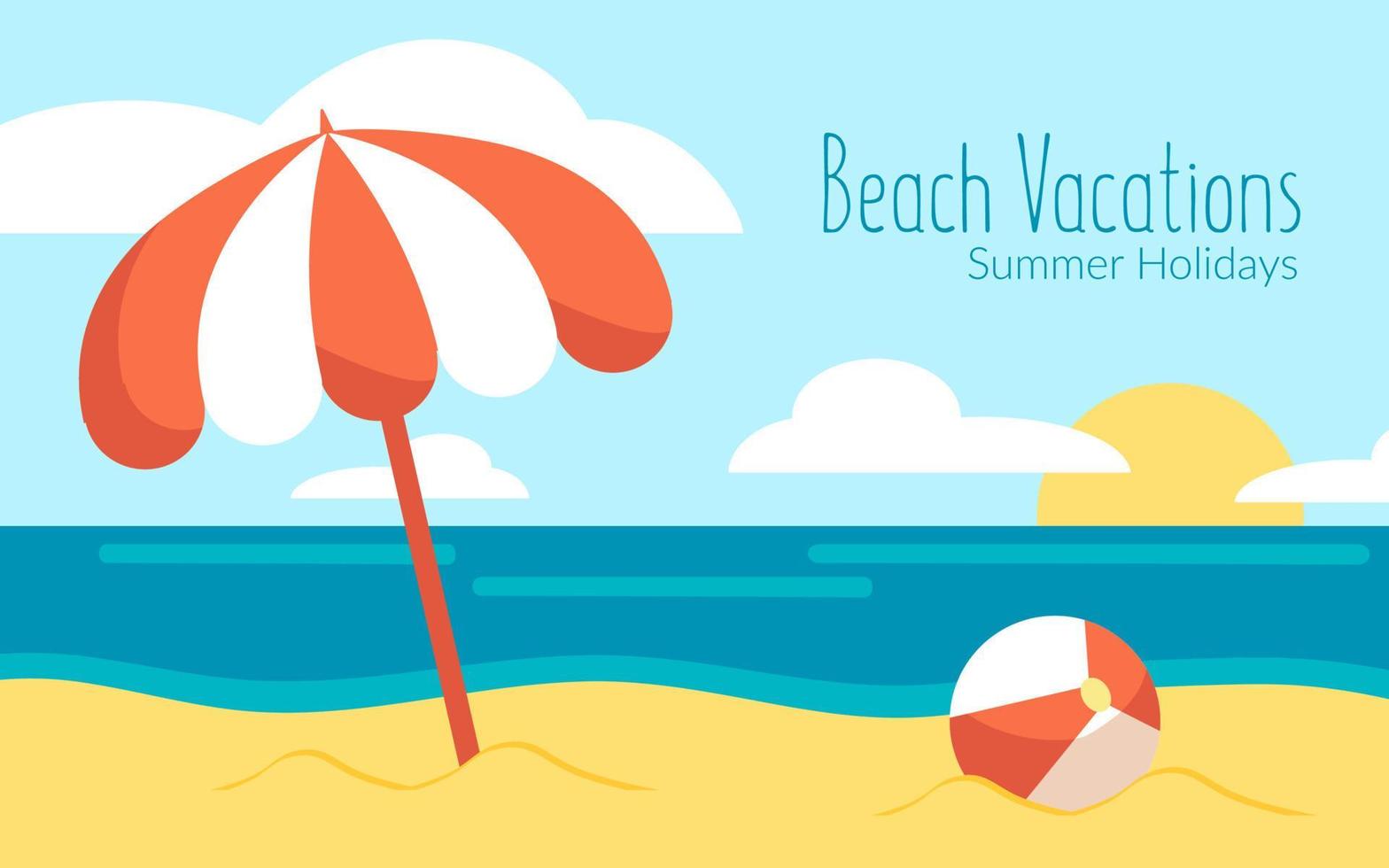 estate vacanza striscione, viaggio opuscolo con oceano spiaggia. vettore illustrazione con ombrello e spiaggia palla nel il sabbia.