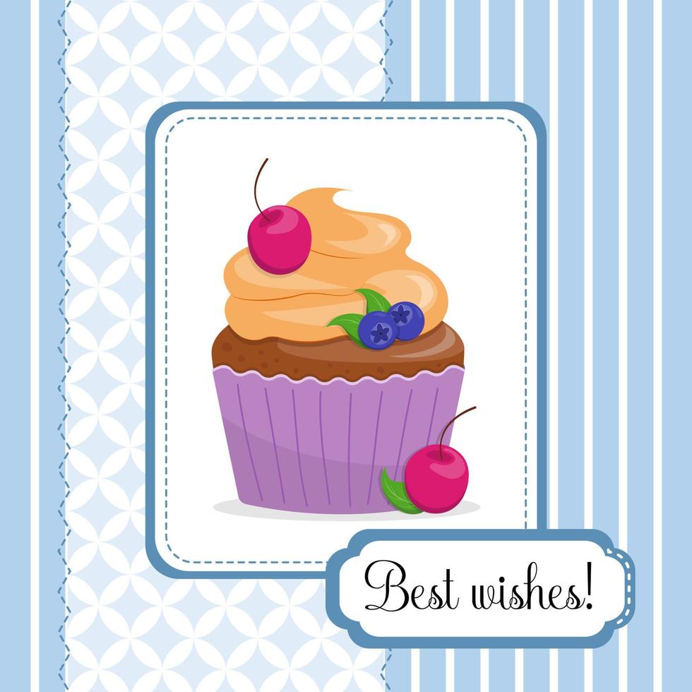 carino contento compleanno carta con un' Cupcake con ciliegie e mirtilli. piatto stile vettore illustrazione