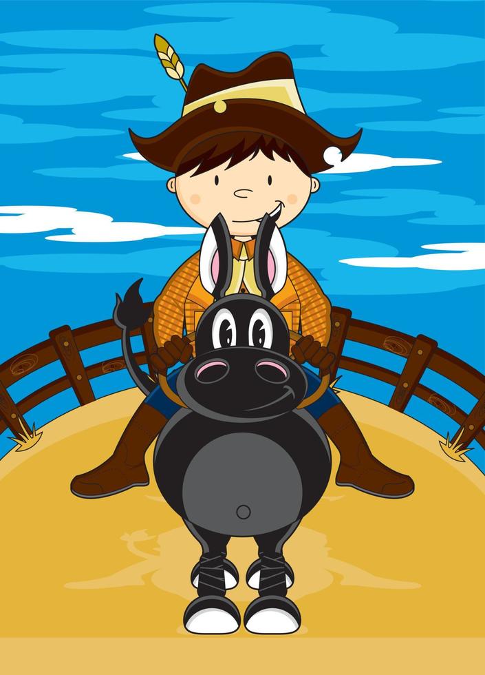 cartone animato contadino su cavallo aia illustrazione vettore