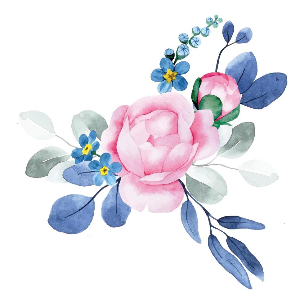 acquerello disegno. mazzo di peonia fiori e eucalipto le foglie. rosa fiori e blu le foglie vettore