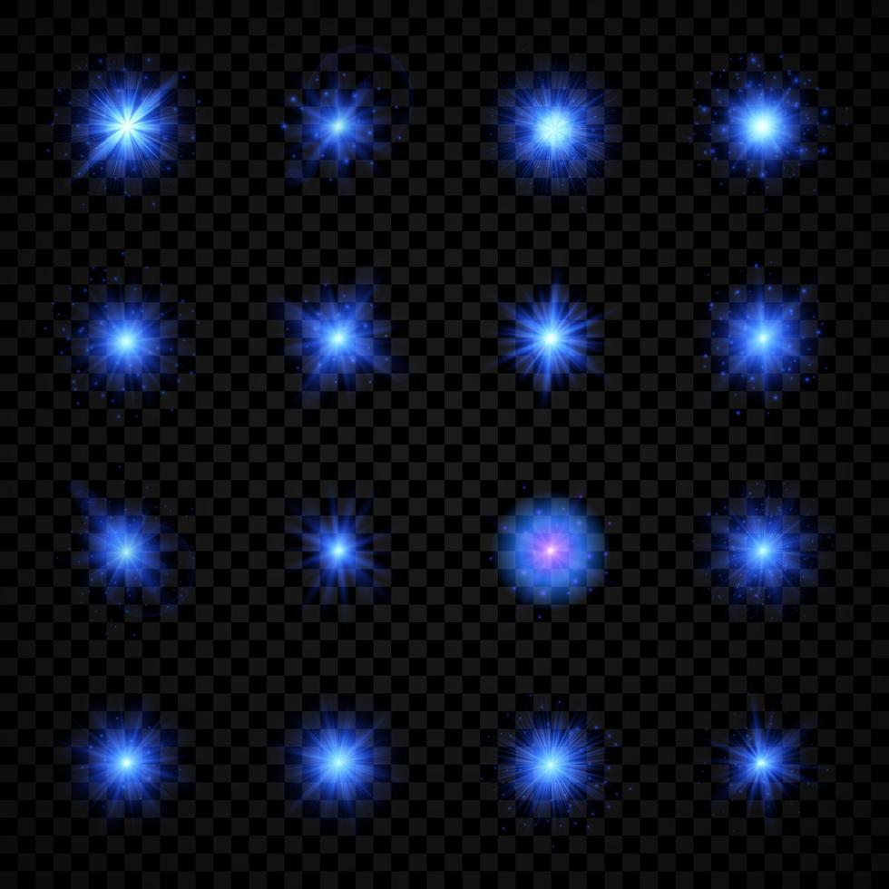 leggero effetto di lente razzi. impostato di sedici blu raggiante luci starburst effetti con scintille su un' sfondo. vettore illustrazione