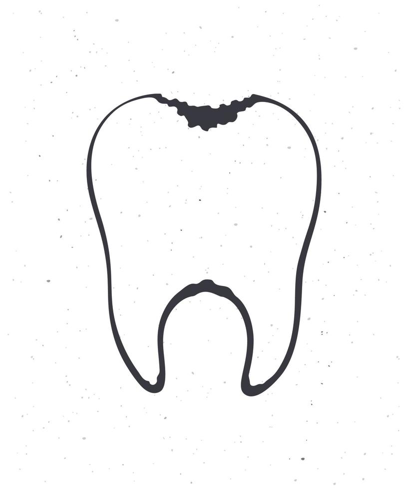 malsano umano dente con carie. schema. vettore illustrazione. simbolo di somatologia e orale igiene. mano disegnato schizzo. isolato bianca sfondo