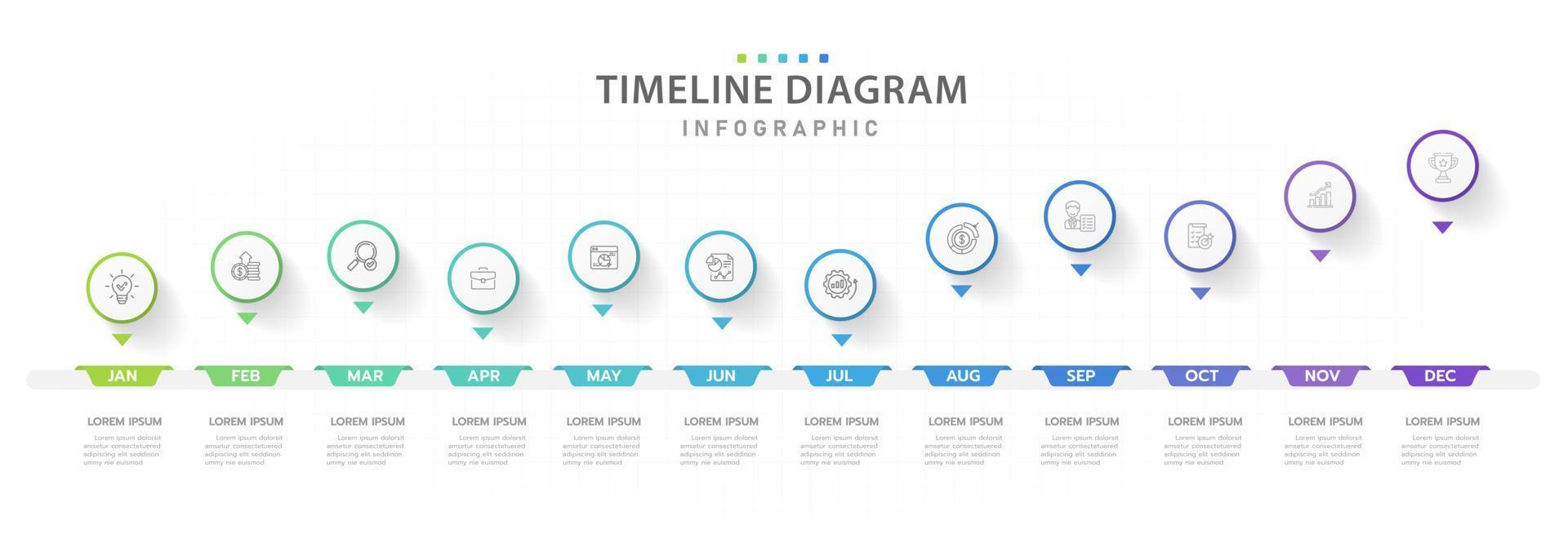 Infografica modello per attività commerciale. 12 mesi moderno sequenza temporale tabella di marcia diagramma calendario, presentazione vettore infografica.