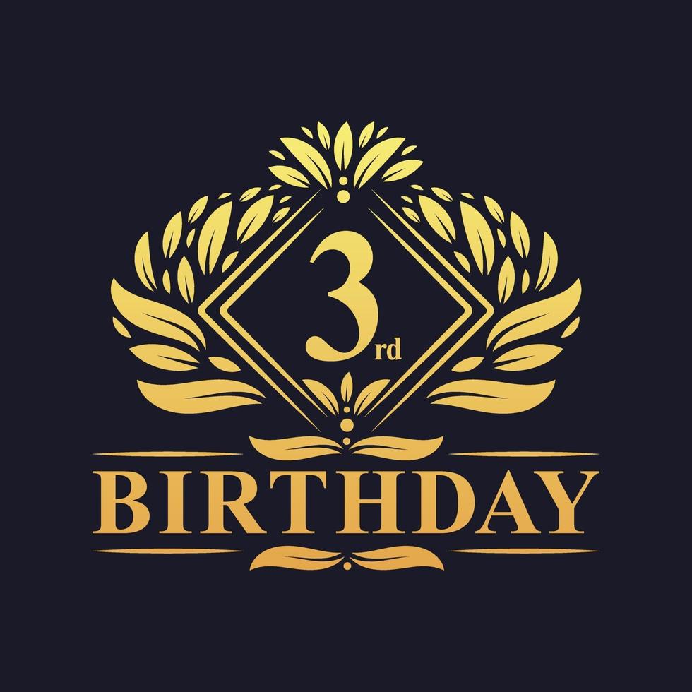 Logo di compleanno di 3 anni, celebrazione del 3 ° compleanno dorato di lusso. vettore