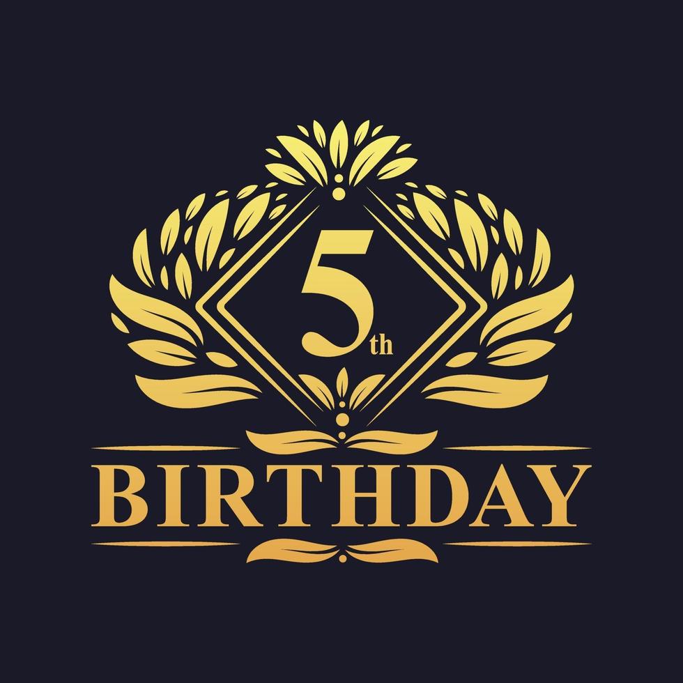 Logo di compleanno di 5 anni, celebrazione del 5 ° compleanno dorato di lusso. vettore