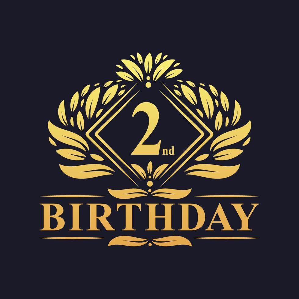 Logo di compleanno di 2 anni, celebrazione del 2 ° compleanno dorato di lusso. vettore