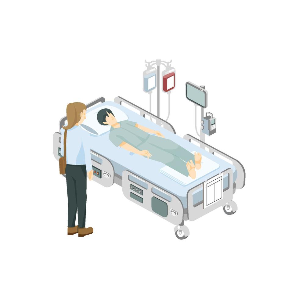 paziente su il ospedale letto e visitatore grafico vettore illustrazione su bianca sfondo