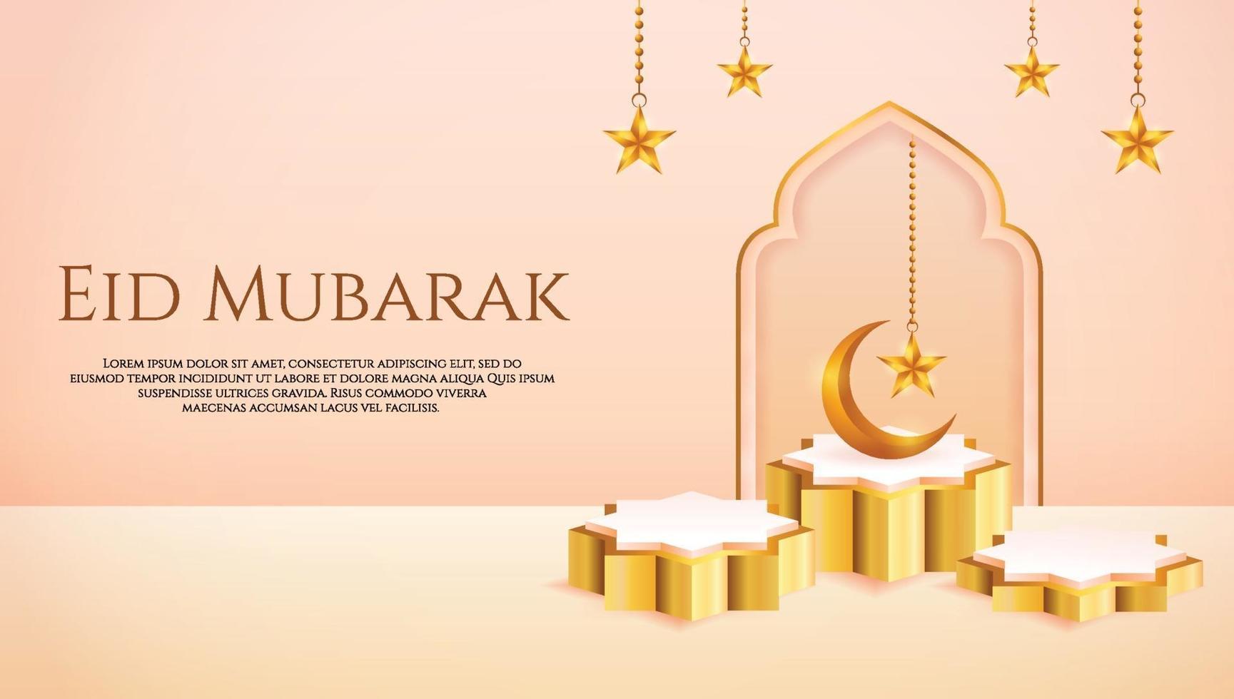 Esposizione del prodotto 3d color pesca e podio d'oro islamico a tema con falce di luna e stella per il ramadan vettore