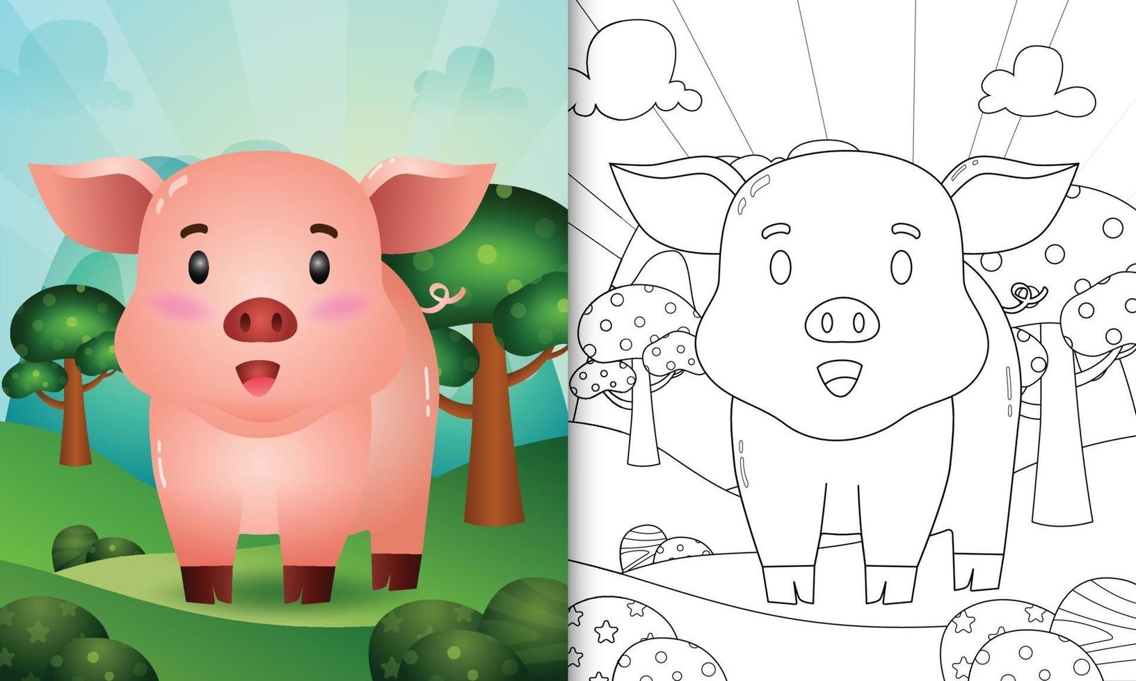 libro da colorare per bambini con un simpatico personaggio di maiale illustrazione vettore