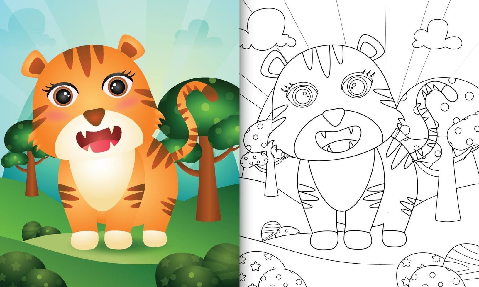 libro da colorare per bambini con un simpatico personaggio di tigre vettore