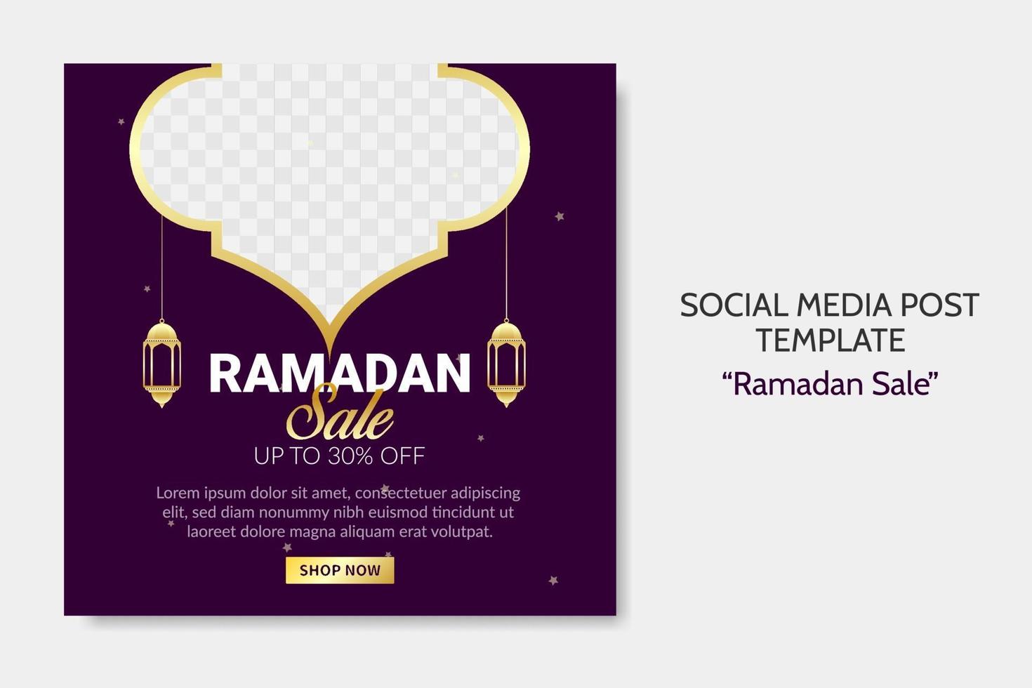 modello di post sui social media di vendita di ramadan. banner web pubblicitario con stile di colore viola e dorato per biglietto di auguri, voucher, evento islamico. vettore