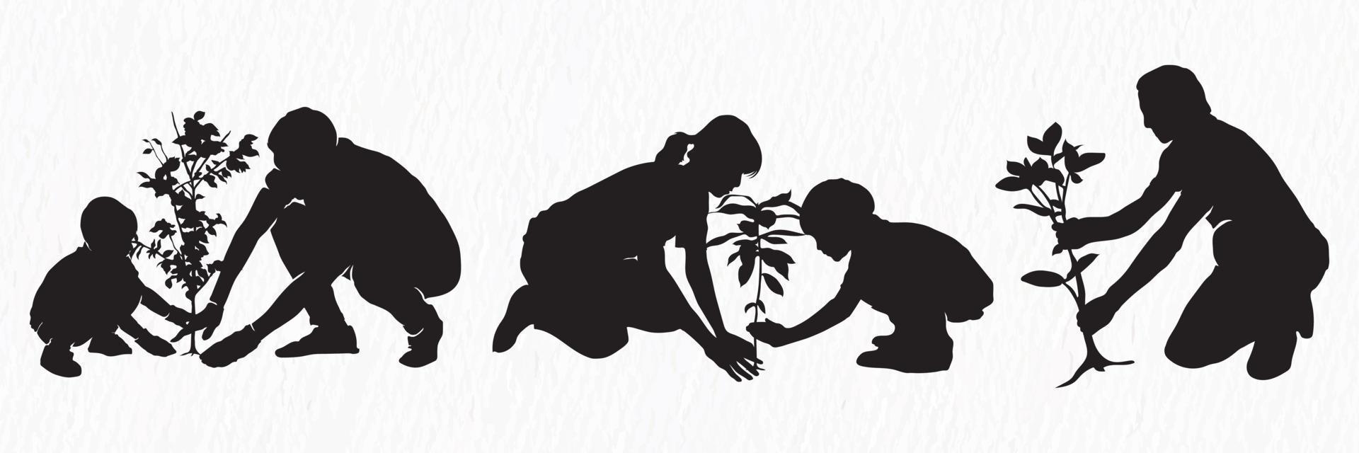 un' silhouette di un' famiglia piantare un' albero vettore
