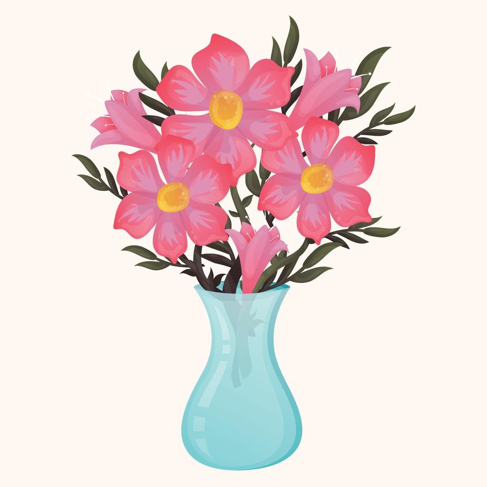 primavera rosa luminosa pendenza fiori con le foglie nel un' vaso. gigli e papaveri nel un' trasparente vaso. primavera carino carta con fiori e impianti per fiore negozio con bianca sfondo vettore