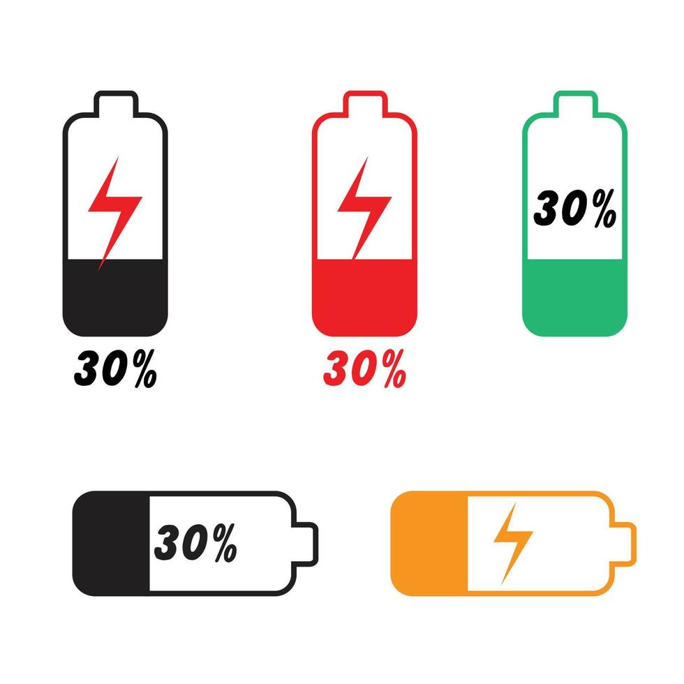 impostato di mobile Telefono batteria ricarica piatto vettore illustrazione, 30 per cento ricarica bar vettore illustrazione.