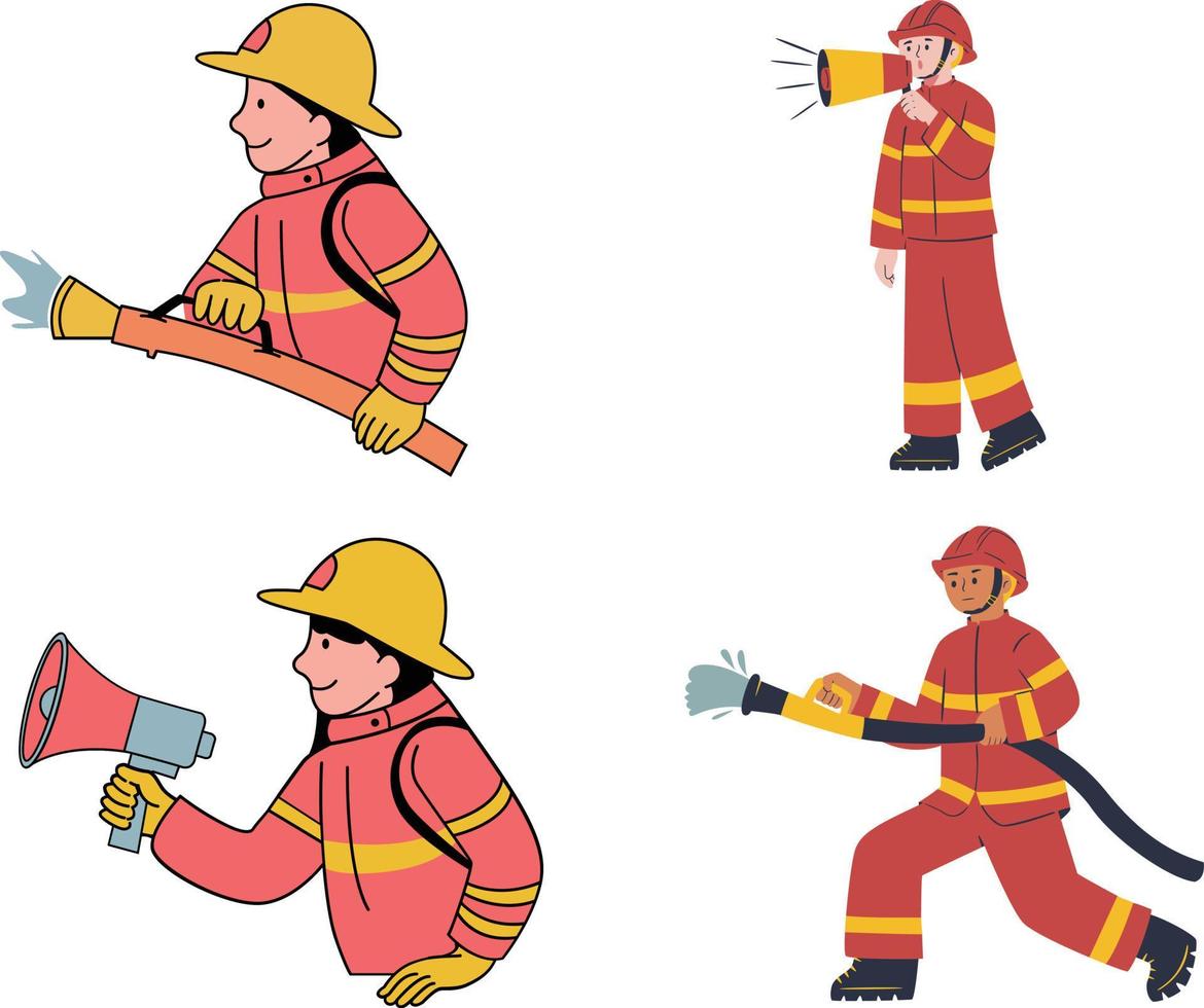 pompiere nel diverso situazioni. vigile del fuoco, vigile del fuoco, vettore illustrazione