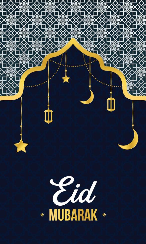 d'oro eid mubarak bandiera e manifesto modello con illuminato lanterne islamico ornamento stella e mezzaluna Luna vettore