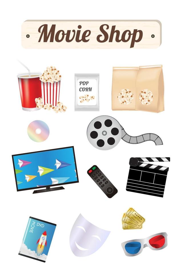 movie shop pannello di legno con pop corn film cd disc dvd movie box smart television film remote ticket emotion mask 3d glasses vettore