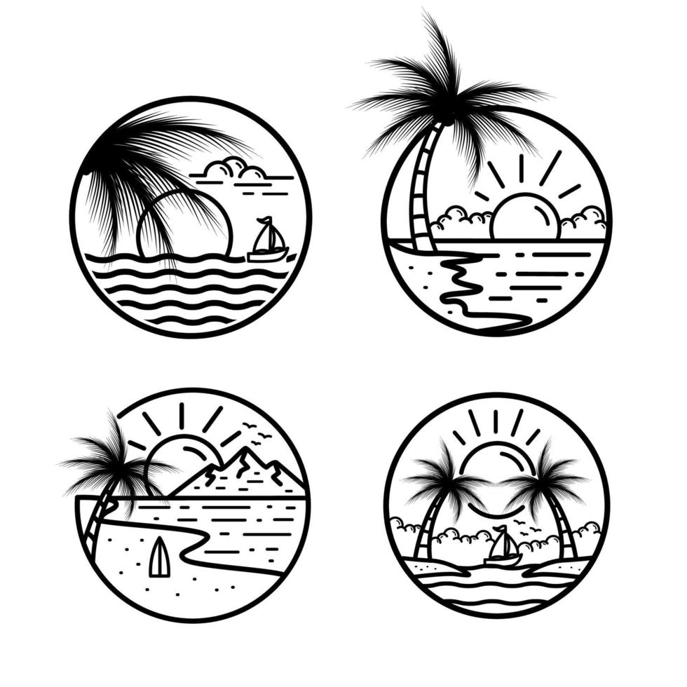 impostato di oceano onda tropicale isola e palma albero logo linea arte vettore illustrazione modello icona.