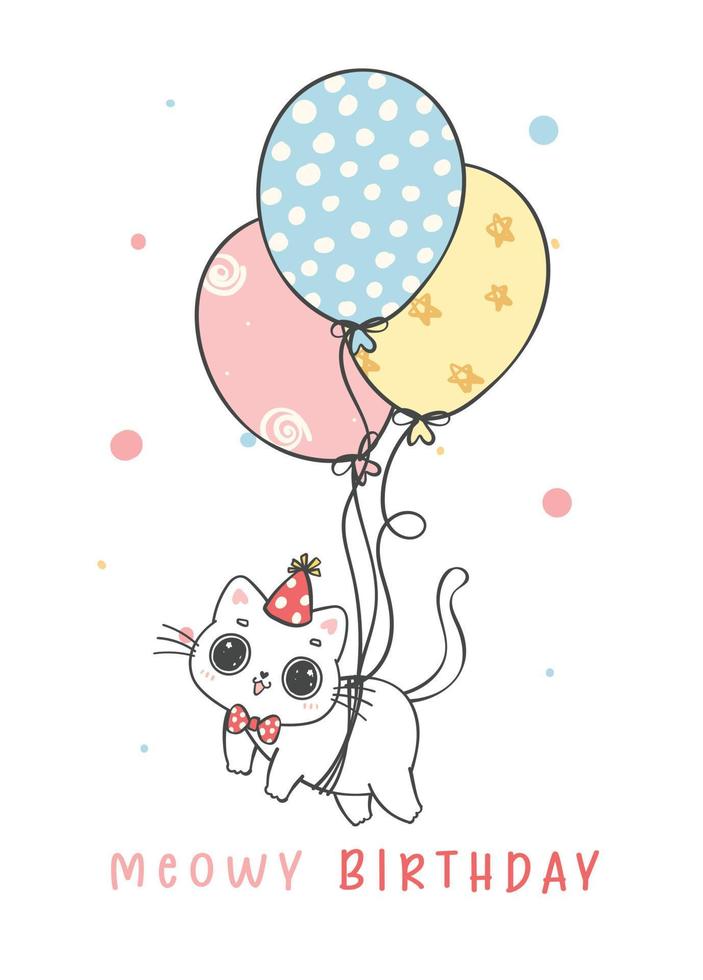 carino divertente giocoso compleanno bianca paffuto gatto volante con Palloncino, miagolante compleanno, allegro animale domestico animale cartone animato scarabocchio personaggio disegno vettore