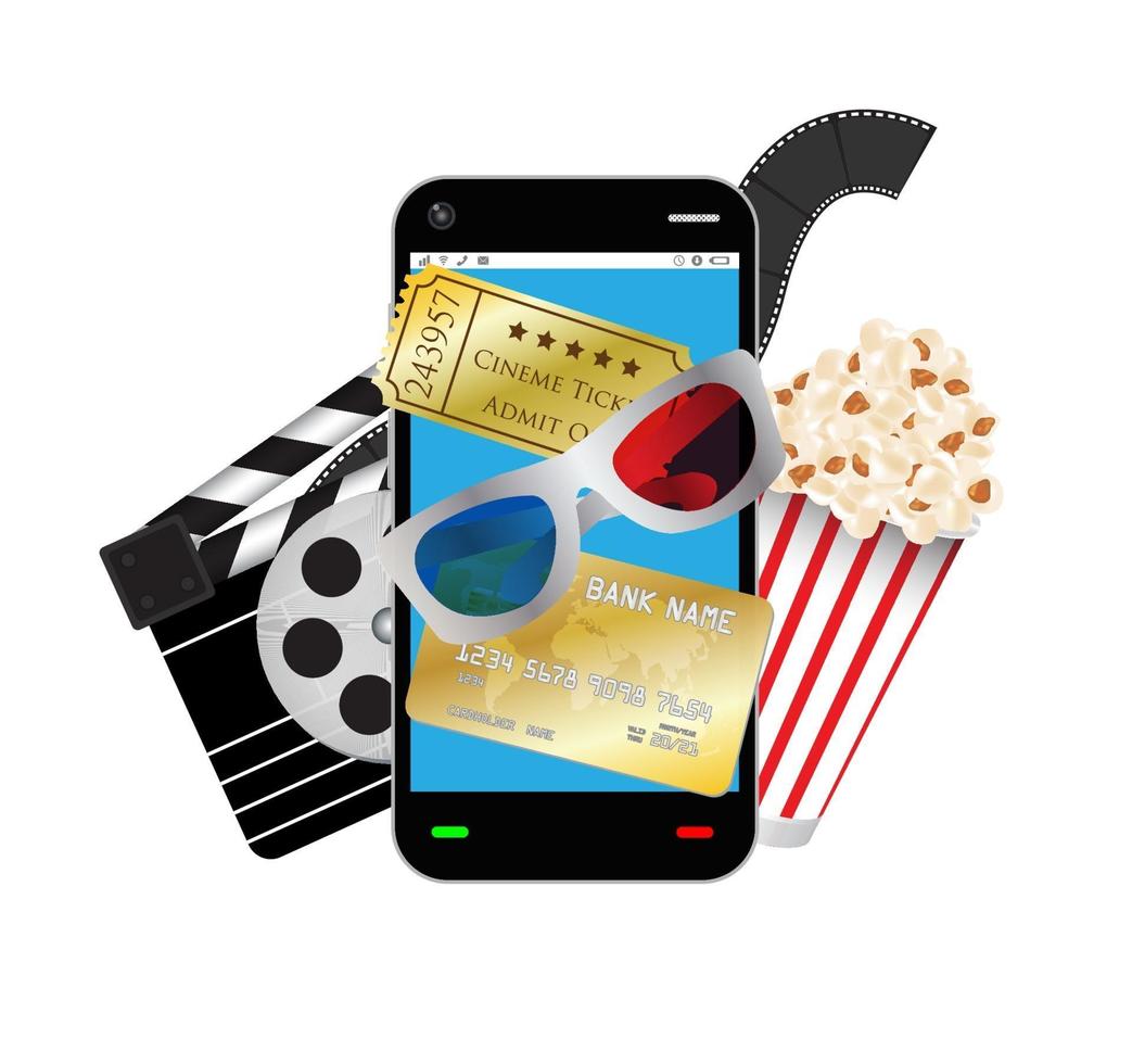 smartphone con oggetto film 3d occhiali biglietto film popcorn carta di credito vettore