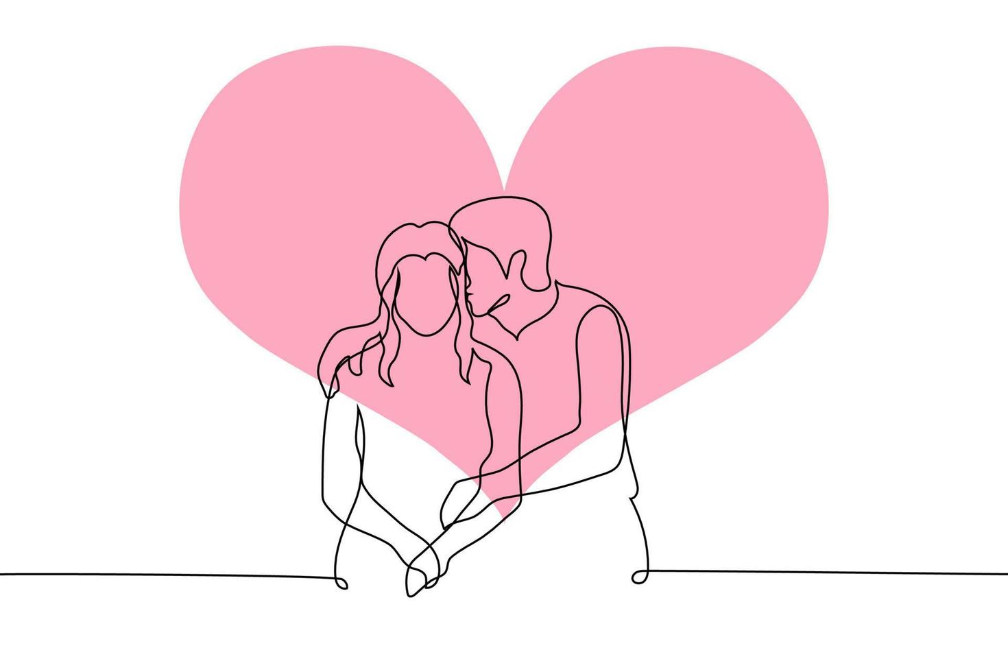 uomo baci un' donna su il testa mentre seduta Il prossimo per sua e abbracciare sua su il sfondo di un' grande rosso rosa cuore - uno linea disegno vettore. Data concetto, San Valentino giorno vettore