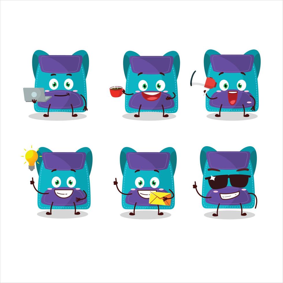 blu Borsa cartone animato personaggio con vario tipi di attività commerciale emoticon vettore