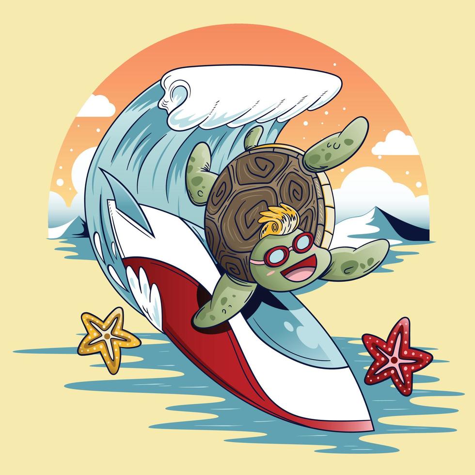 tartaruga fare surf con tavola da surf e stella marina. vettore illustrazione.