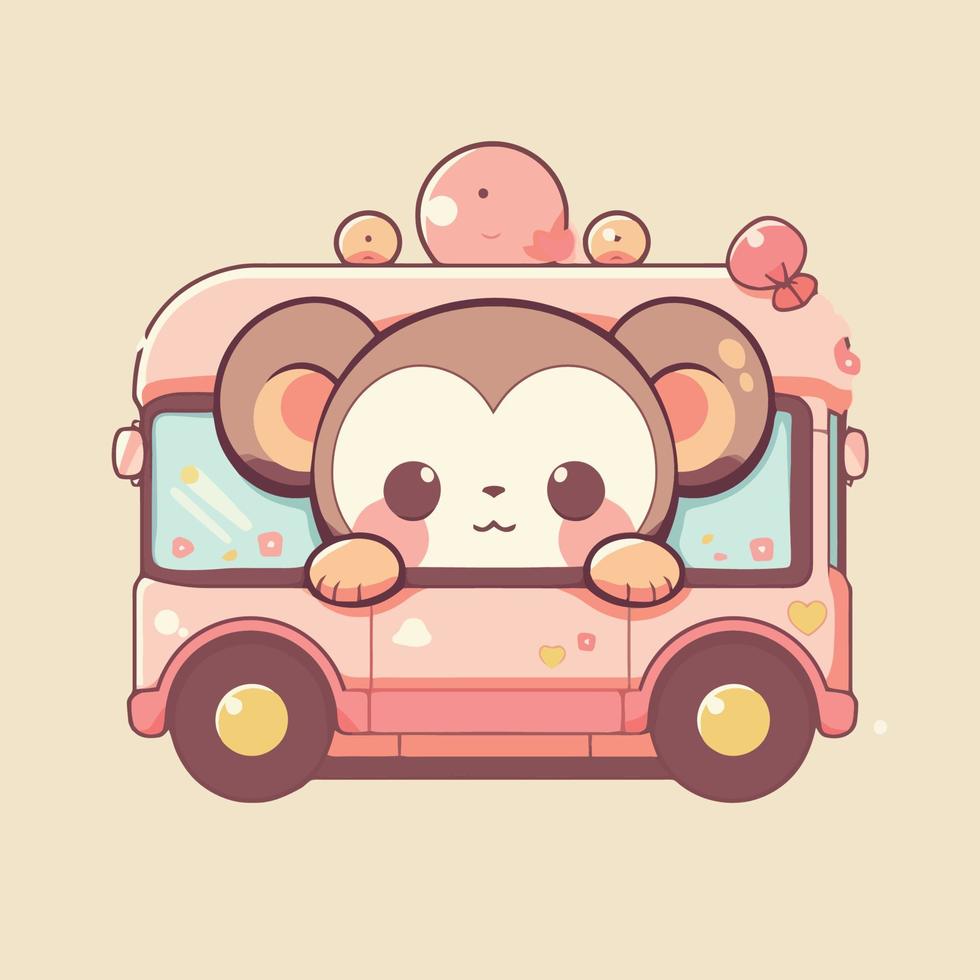 un' carino cartone animato personaggio di un' scimmia su un' rosa ghiaccio crema camion. vettore