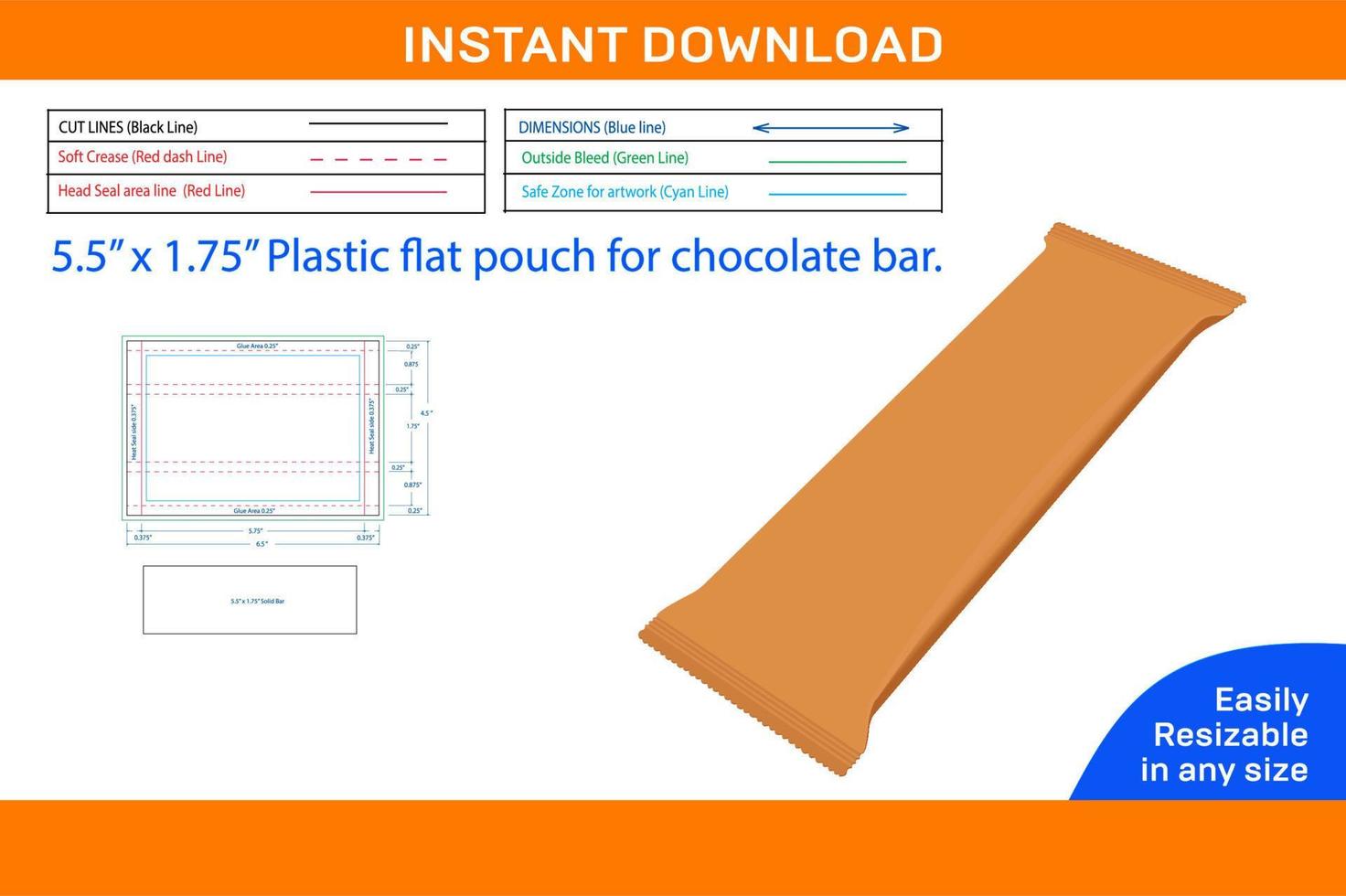 Dieline modello di plastica piatto marsupio per cioccolato bar scatola Dieline e 3d scatola vettore