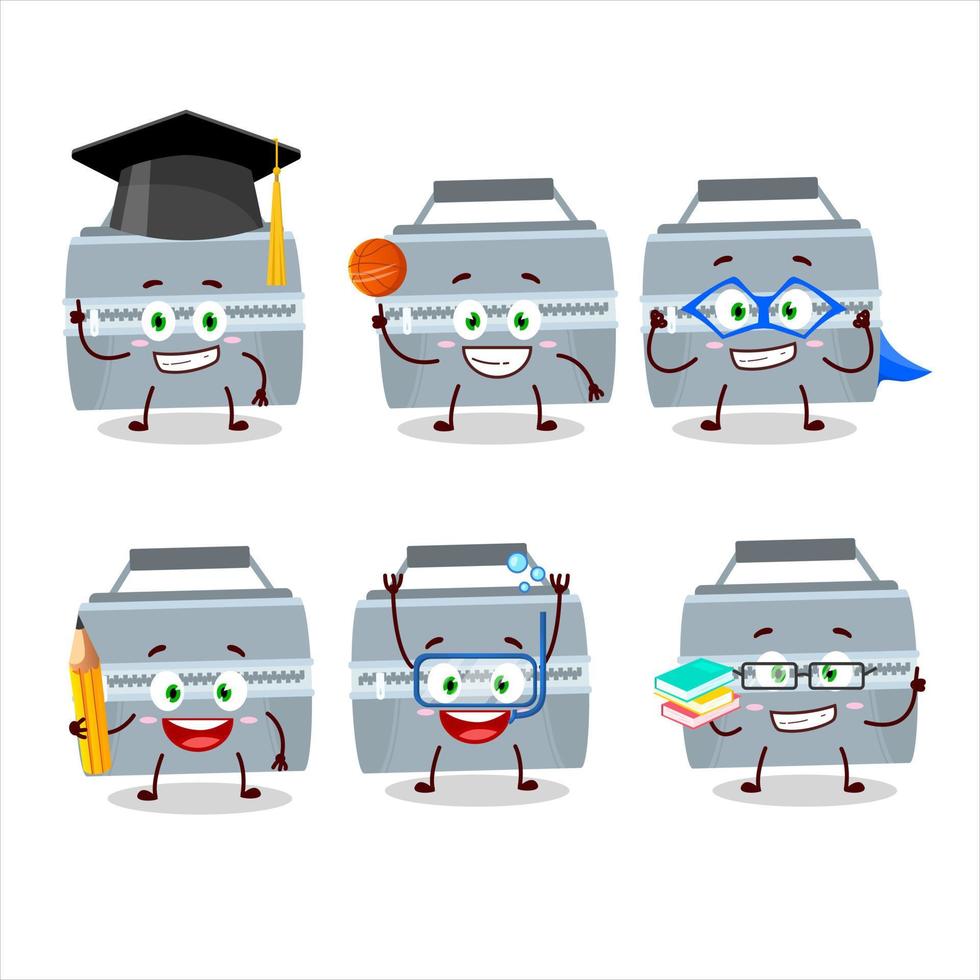 scuola alunno di grigio pranzo scatola cartone animato personaggio con vario espressioni vettore