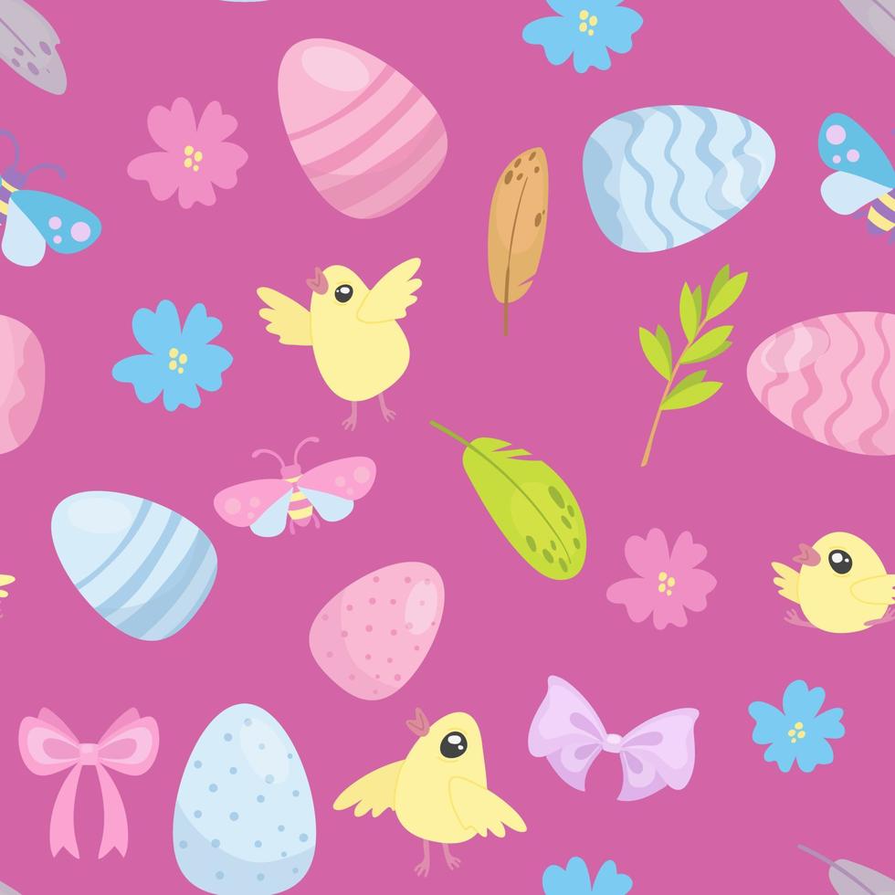 contento Pasqua senza soluzione di continuità modello. carino Pasqua uova, fiori, salice alberi, giallo polli, bug su un' rosa sfondo vettore
