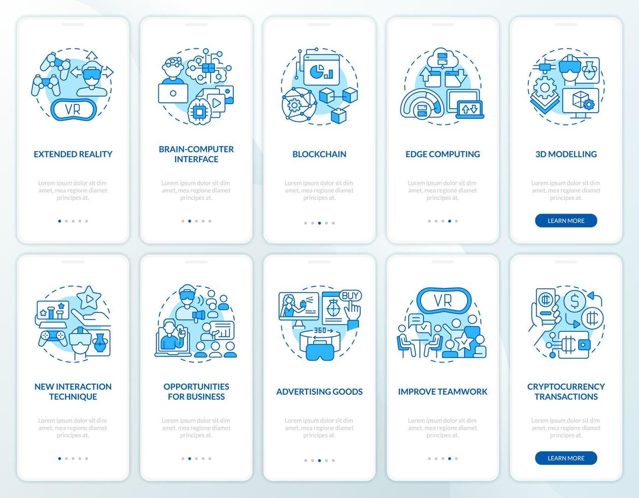 metaverso per attività commerciale blu onboarding mobile App schermi impostare. Procedura dettagliata 5 passaggi modificabile grafico Istruzioni con lineare concetti. ui, ux, gui modello vettore