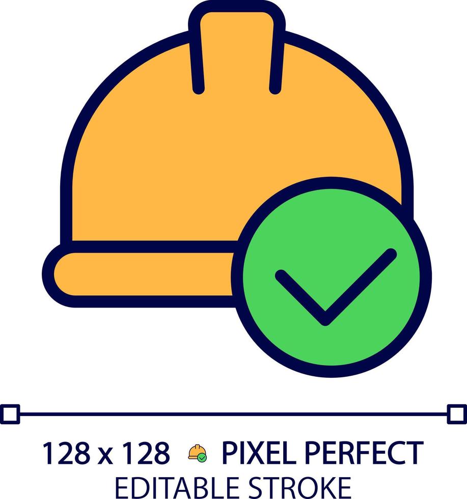 difficile cappello con dai un'occhiata marchio pixel Perfetto rgb colore icona. sicurezza attrezzatura per costruzione luogo. lavoratore protettivo casco. isolato vettore illustrazione. semplice pieno linea disegno. modificabile ictus