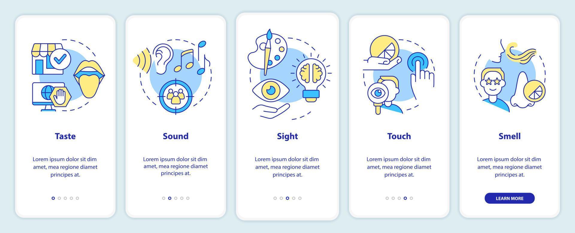 sensi di sensoriale marketing onboarding mobile App schermo. odore, suono Procedura dettagliata 5 passaggi modificabile grafico Istruzioni con lineare concetti. ui, ux, gui modello vettore