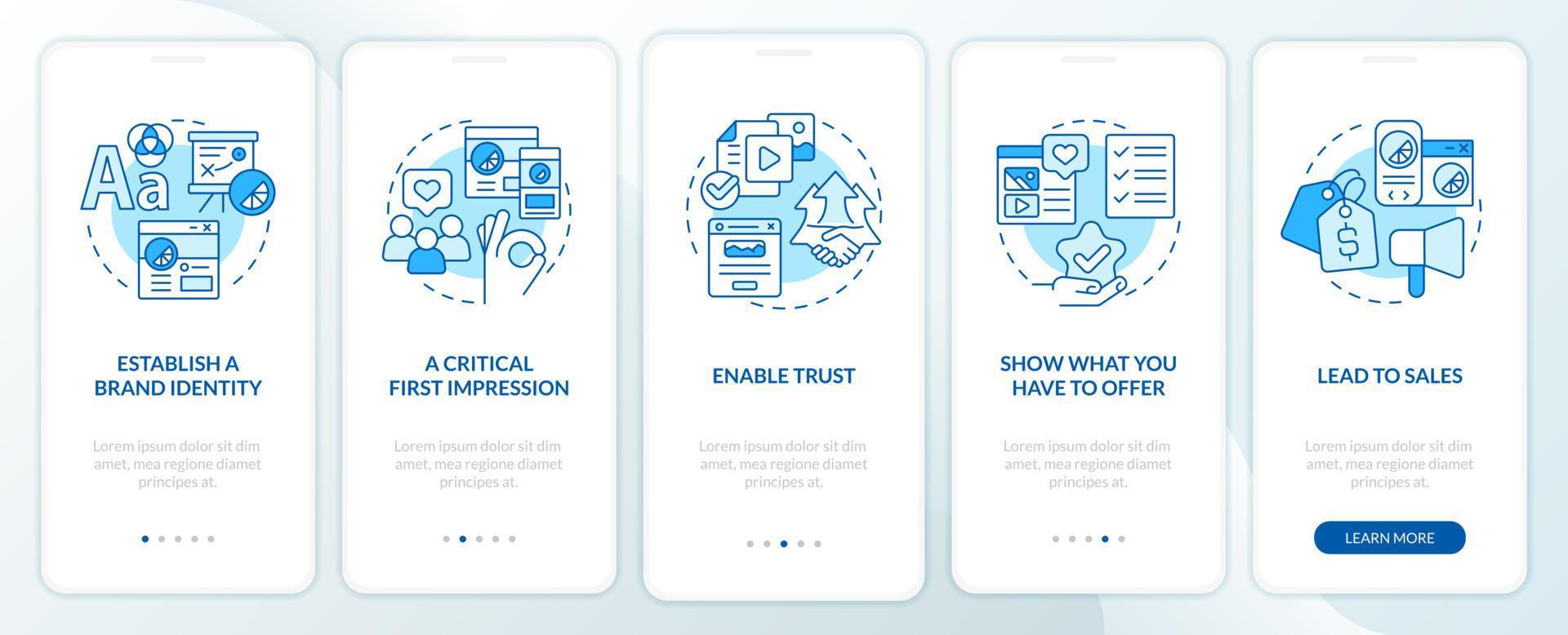 sito web qualità importanza blu onboarding mobile App schermo. marca Procedura dettagliata 5 passaggi modificabile grafico Istruzioni con lineare concetti. ui, ux, gui modello vettore