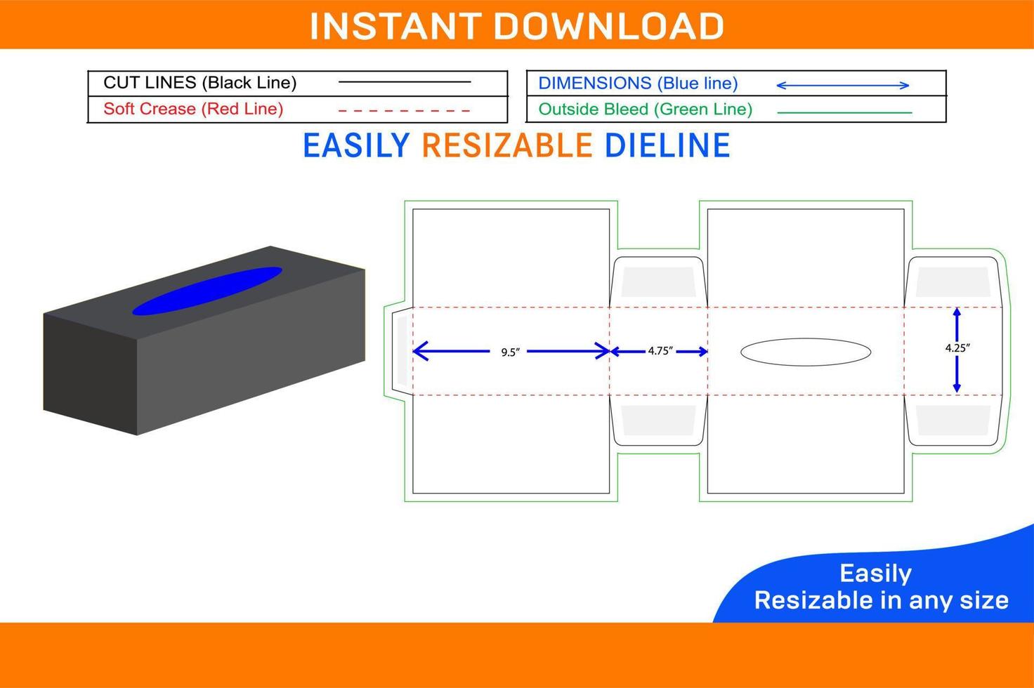 facciale fazzoletto di carta su misura scatola 9,5x4,75x4,25 pollici Dieline modello e 3d scatola design scatola Dieline e 3d scatola vettore