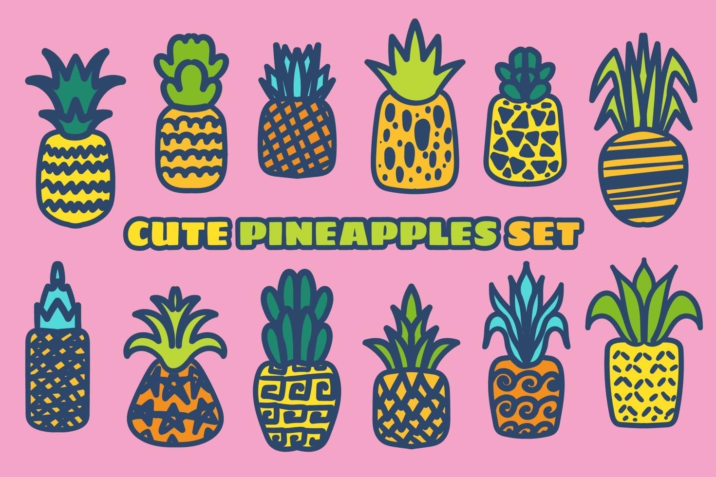 ananas maturo disegnati a mano illustrazioni vettoriali set