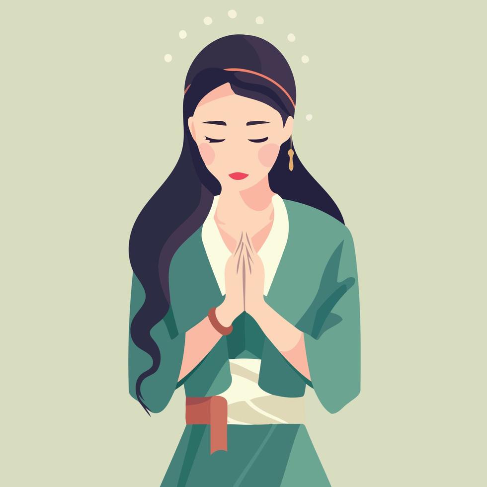 orientale donna con mani insieme per pregare vettore