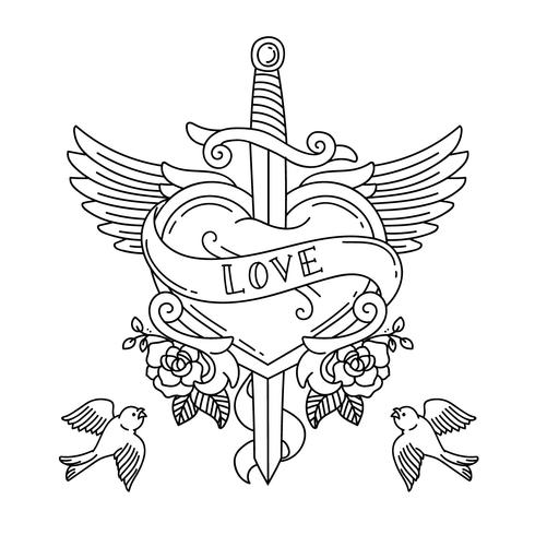 Tatuaggio cuore con ali e coltello vettore