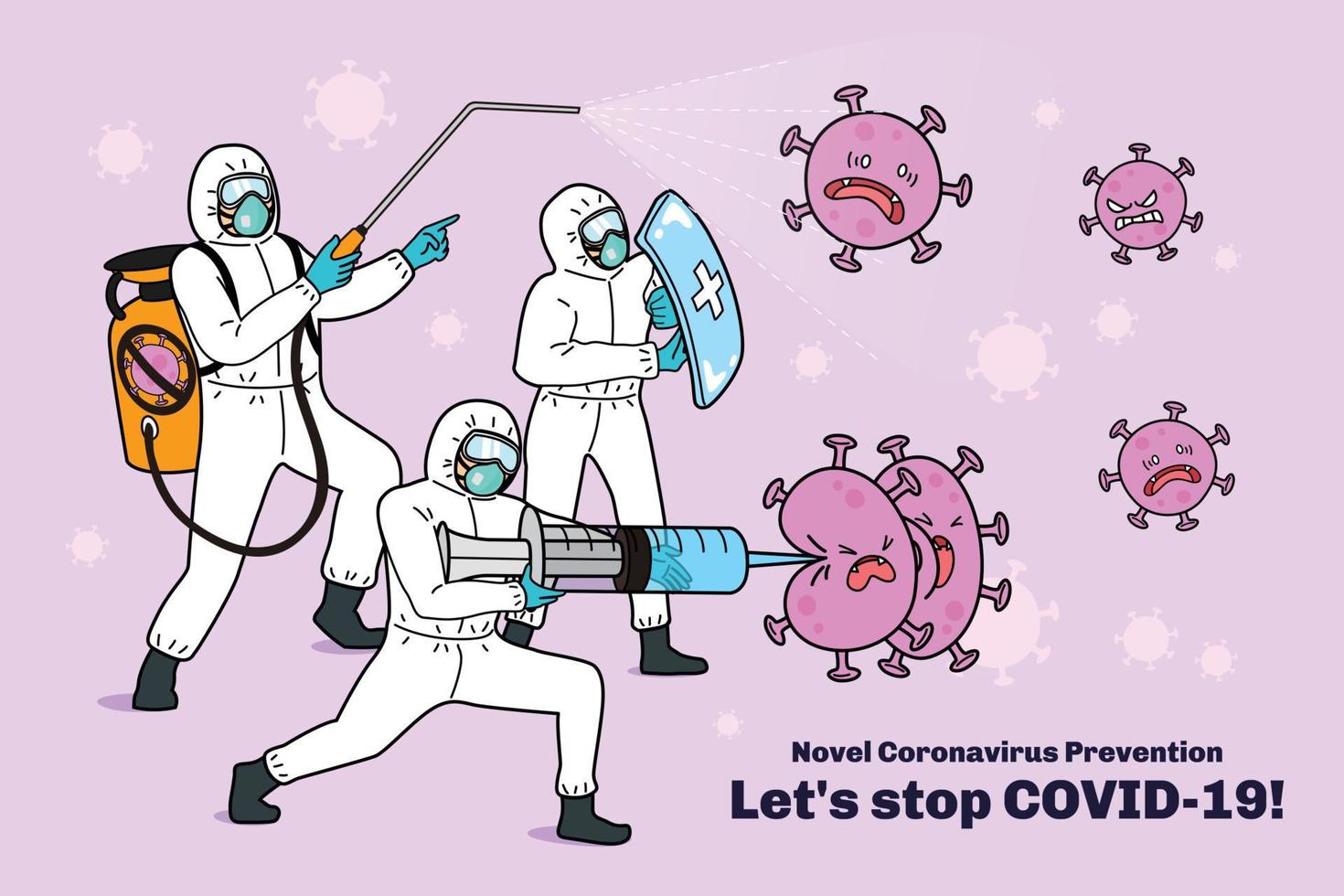 manifesto design per covid-19 prevenzione, 3 medico lavoratori nel Hazmat completo da uomo sconfiggere il virus con disinfettante spruzzatore, siringa e scudo vettore