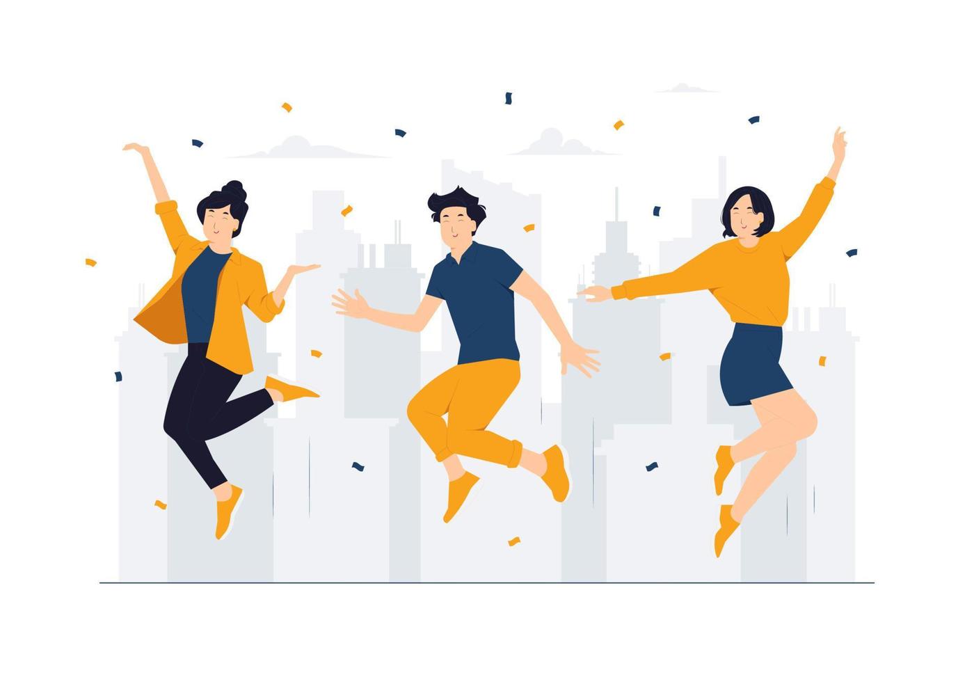 contento personaggi salto a partire dal la gioia, divertimento. giovane eccitato persone festeggiare successo, risultato. gratuito attivo uomini e donne con positivo energia concetto illustrazione vettore