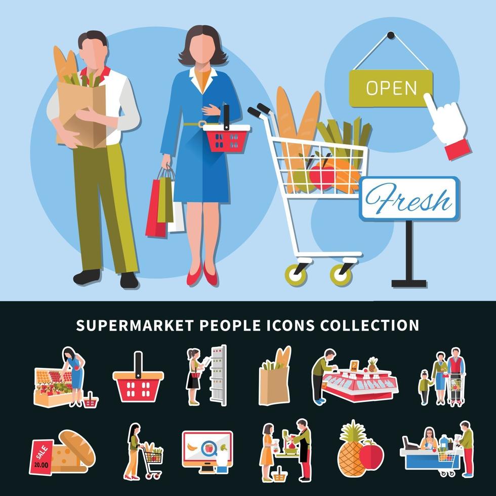 illustrazione di vettore della raccolta delle icone della gente del supermercato
