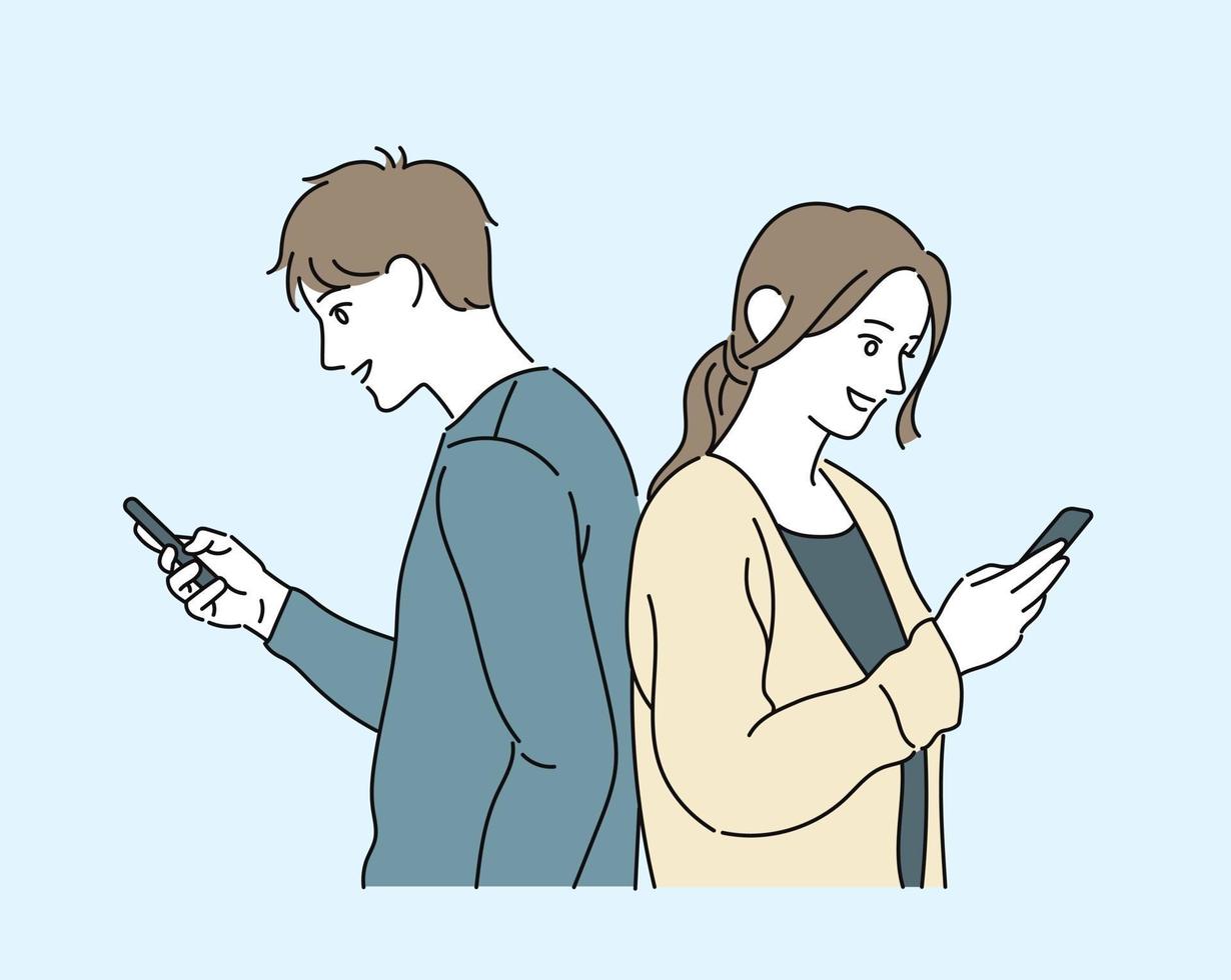 uomo e donna stile casual stanno guardando i telefoni cellulari. illustrazioni di disegno vettoriale stile disegnato a mano.