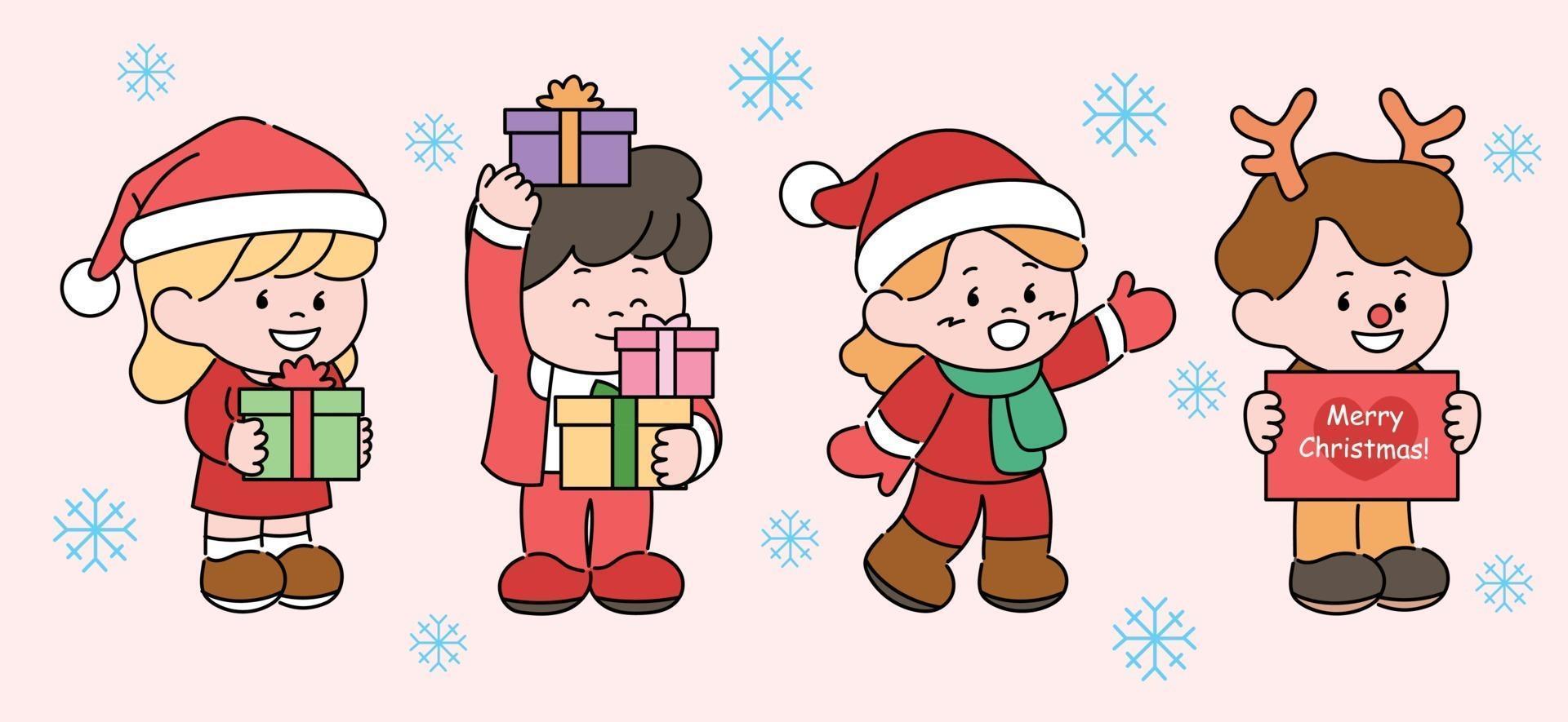 simpatici personaggi con cappelli di Babbo Natale e corna di renna tengono in mano scatole regalo. illustrazioni di disegno vettoriale stile disegnato a mano.
